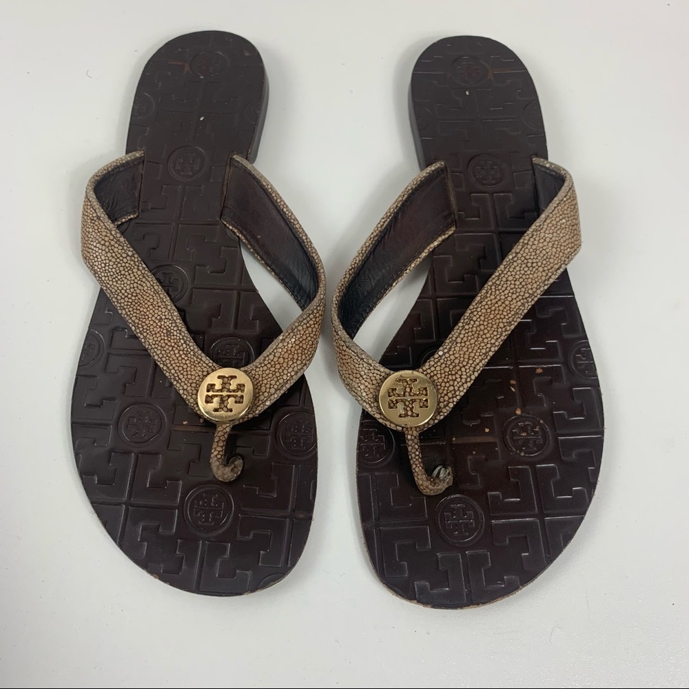 Tory Burch Thora brown sandals flip flops heel Size 9 as is